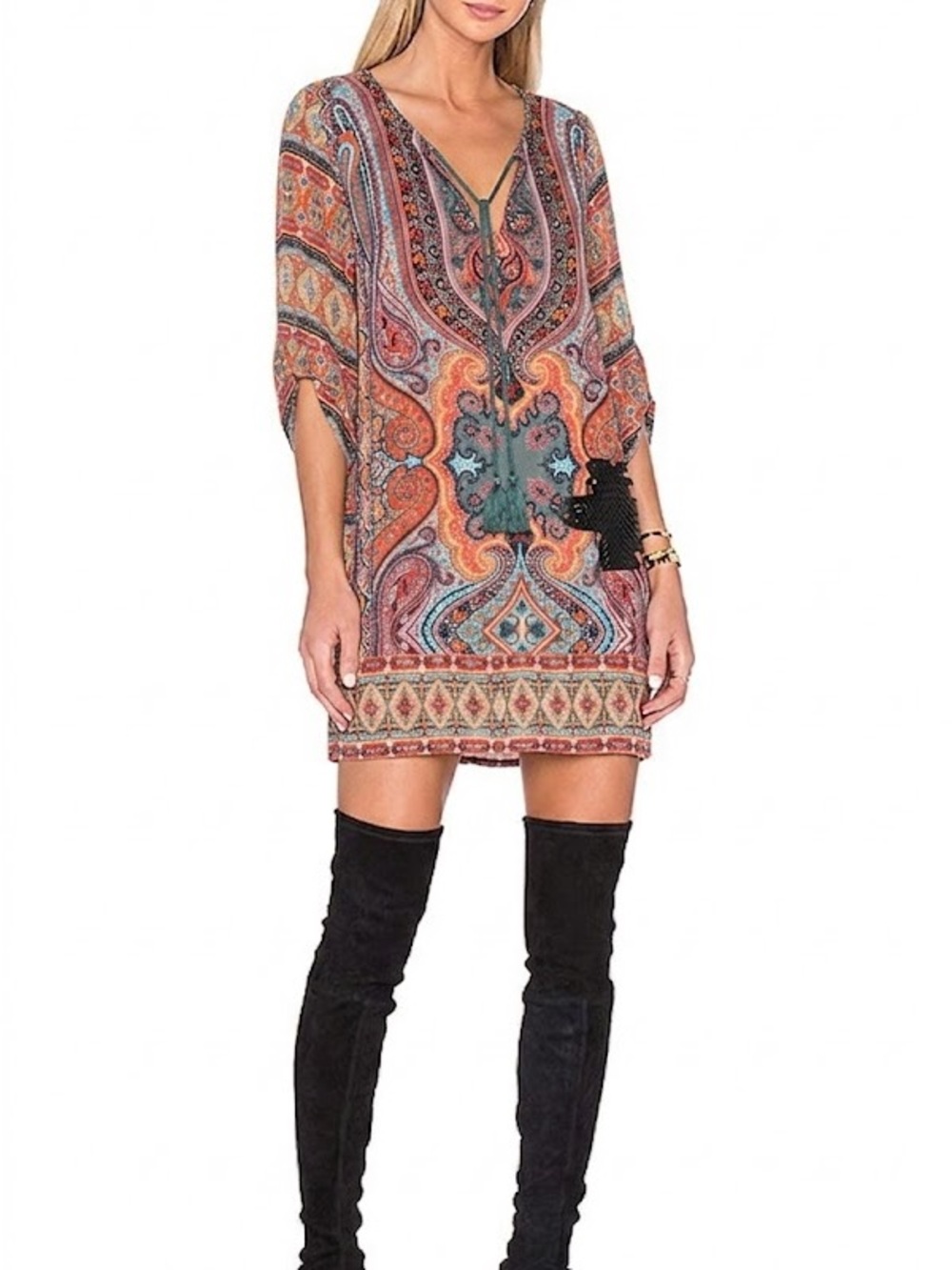 MSRP 179 Tolani Silk Printed V-Neck Shift Tunic Dress in Multi-Color Size S